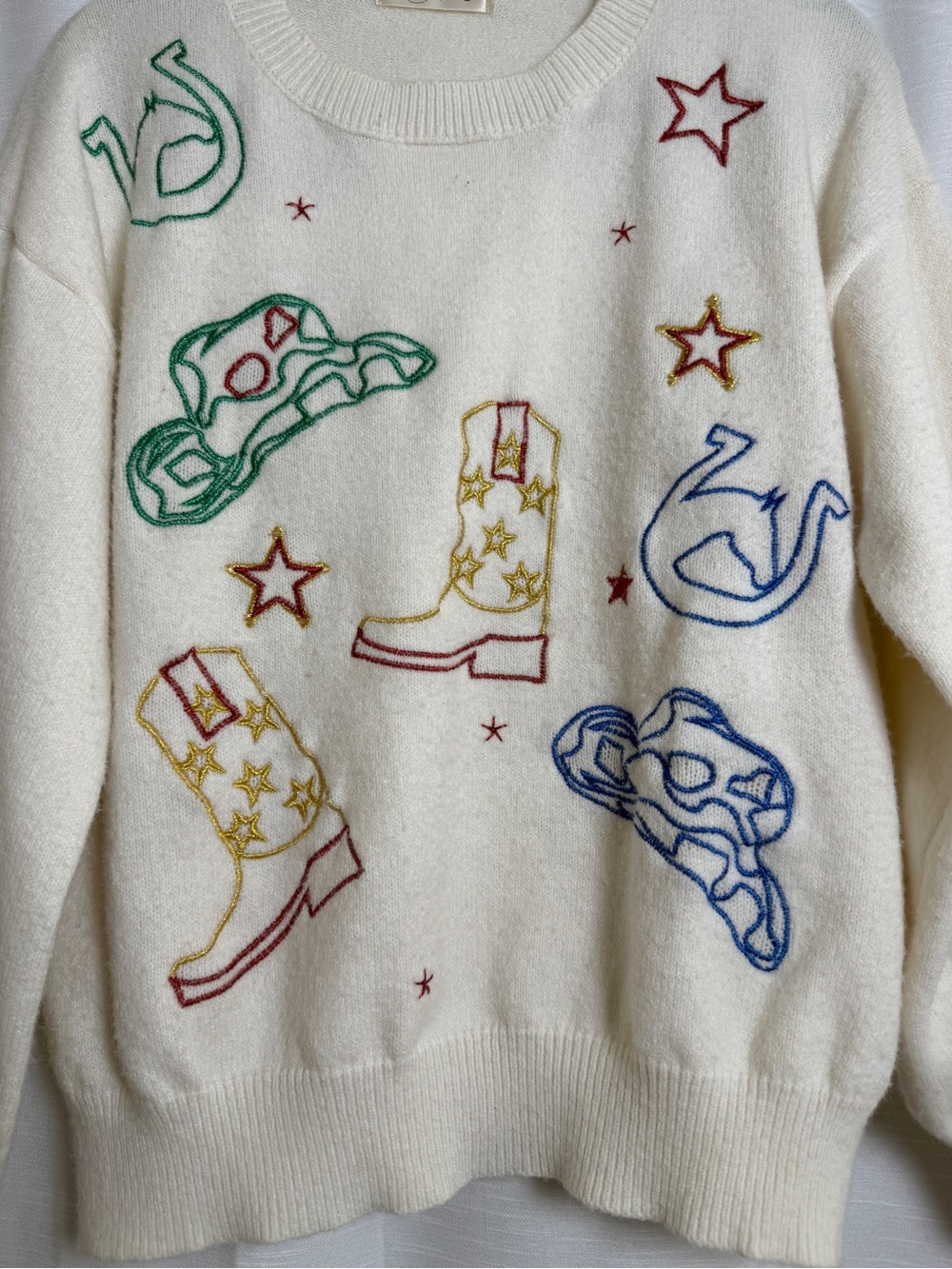 Eloise Raye Howdy Metallic Embroidered Western Cowboy Sweater Cream | Size S - Picture 9 of 13